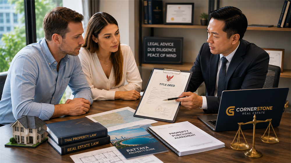 A property lawyer and international buyers reviewing title deeds, contracts, and legal documents relating to property ownership options and due diligence in Thailand.